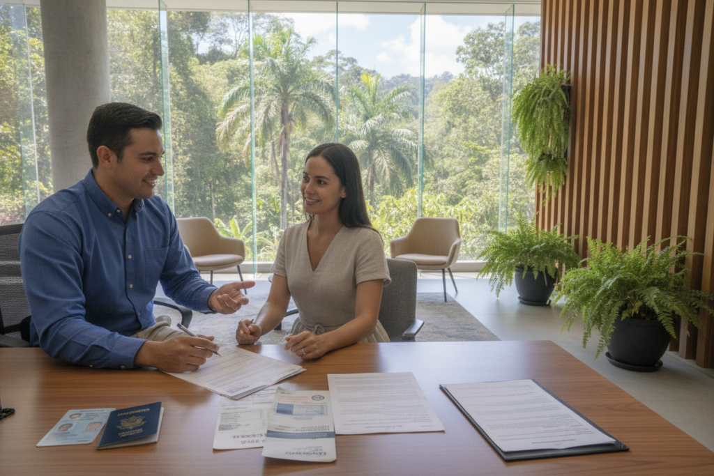 A detailed, photorealistic scene of a Costa Rican banking office that represents the essential documentation for opening a bank account. In the foreground, a neatly arranged desk displays necessary documents, including proof of address paperwork. A friendly bank representative, dressed in smart casual attire, stands beside the desk, engaging with a client. In the middle ground, a modern banking interior is visible, with plants and natural wood accents, reflecting a welcoming atmosphere. The background features large windows allowing bright, natural light to flood the room, showcasing a view of lush Costa Rican greenery. The overall mood is professional yet relaxed, suggesting an approachable banking environment conducive to gathering important documentation. The composition is well-lit, captured from a slightly elevated angle for an immersive perspective.