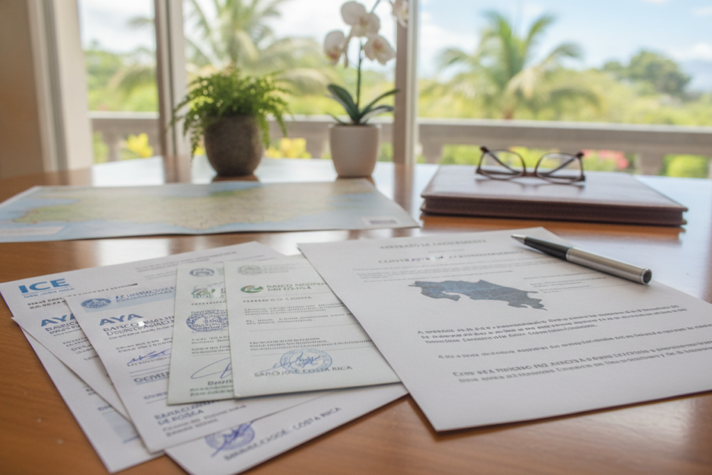 A detailed, photorealistic scene showcasing essential proof of address documents for Costa Rica residency. In the foreground, neatly arranged stacks of documents including utility bills, rental agreements, and bank statements, all featuring Costa Rican elements like logos or addresses. The middle ground shows a well-organized workspace with a wooden desk and subtle green plant accents reflecting the local flora. In the background, a bright window lets in natural light, illuminating the documents and creating a serene atmosphere. The overall mood is one of professionalism and clarity, ideal for conveying the importance of proper documentation. The image should be captured with a slight depth of field to emphasize the documents in focus while softly blurring the background.