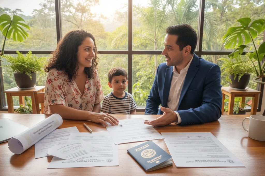 A detailed scene depicting "Residency Documentation for Children of Costa Rican Citizens" set in a cozy office environment. In the foreground, a warm wooden desk cluttered with essential documents including a Costa Rican passport, a birth certificate, and government forms, all laid out neatly. In the middle ground, a cheerful family consisting of a Costa Rican mother and her child, both casually dressed, discussing the documents with a friendly consultant wearing professional attire. In the background, large windows filled with bright natural light showcasing lush Costa Rican greenery, creating an inviting atmosphere. The room is decorated with potted plants, adding warmth and a sense of home. The overall mood is supportive and informative, reflecting a community-centered environment.