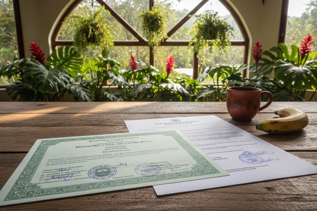 A detailed scene depicting a Costa Rican setting focused on the requirements for residency, featuring a birth certificate and background check documents artistically arranged on a rustic wooden table. The foreground includes a close-up view of the birth certificate, highlighting its intricate design and official seals, while the background showcases tropical plants typical of Costa Rica, softly blurred to emphasize the focal documents. Natural sunlight pours in from a nearby window, casting gentle shadows and creating a warm, inviting atmosphere. The scene is shot from a slightly elevated angle to capture both the documents and the lush greenery outside, evoking a sense of clarity and organization. No people are included to maintain focus on the documents themselves.