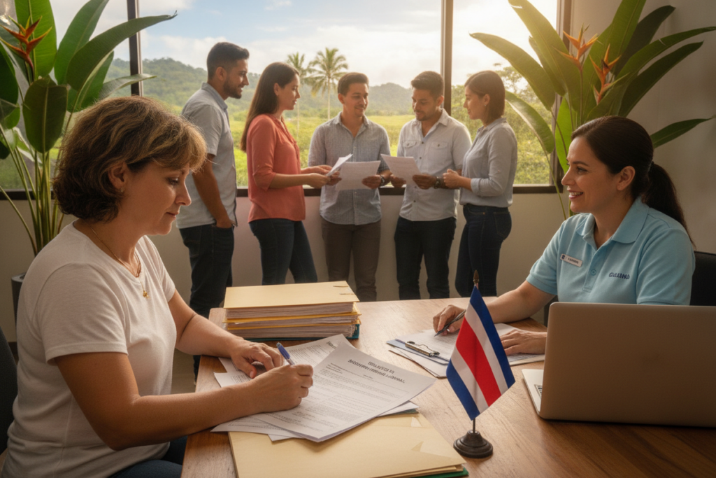A detailed scene depicting the application process for work permits in Costa Rica. In the foreground, a casually dressed individual sits at a desk filled with application forms, a laptop, and a Costa Rican flag. The individual, a middle-aged woman, appears focused and organized, with a pen in hand, giving a sense of determination. In the middle ground, a diverse group of applicants is seen discussing their documentation with a helpful official at a government office, emphasizing collaboration and guidance. The background features vibrant tropical plants and a window showcasing a sunny Costa Rican landscape, creating a warm, inviting atmosphere. Soft natural light filters in, illuminating the scene and highlighting the colorfulness of the surroundings. The overall mood is optimistic and supportive, reflecting the journey towards obtaining a work permit.