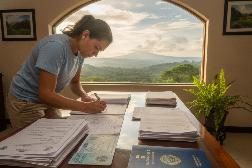 A detailed scene illustrating the Costa Rican passport application process. In the foreground, a well-organized desk with various documents related to passport applications, such as forms, identification, and informational brochures. A person in casual clothing, appearing focused and determined, is carefully filling out a form with a pen. The middle layer features a backdrop of a sunny Costa Rican landscape visible through a window, showcasing lush greenery and vibrant sky, adding a touch of the country's natural beauty. Soft, natural light floods the room, creating an inviting and calm atmosphere. The overall mood is professional yet relaxed, emphasizing the importance of the passport application while celebrating the essence of Costa Rica. No text or overlays; ensure the scene is safe for work.