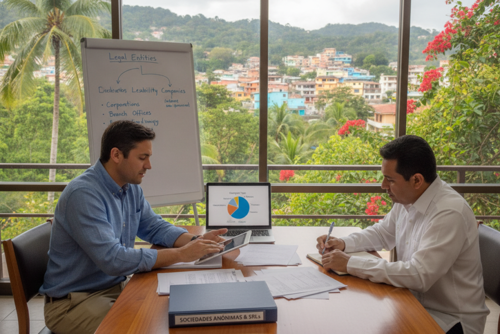 A detailed scene illustrating the legal structures in Costa Rica, focusing on a tranquil office environment. In the foreground, a professional business consultant, dressed in smart casual clothing, is conversing with a thoughtful local entrepreneur, who is attentively taking notes. Both individuals are surrounded by documents and visual aids that represent various business structures, such as graphs, charts, and pamphlets. In the middle ground, large windows reveal a lush Costa Rican landscape with palm trees and vibrant flora. The background showcases a colorful cityscape, emblematic of Costa Rican culture, under soft, natural lighting that creates a welcoming atmosphere. The image captures a sense of collaboration and understanding, ideal for exploring business ownership in Costa Rica.