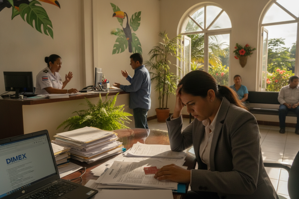 A detailed scene illustrating the pitfalls of changing the name on a DIMEX card in Costa Rica. In the foreground, a concerned individual, dressed in professional business attire, studies a stack of official documents with a look of frustration. In the middle ground, another person is communicating with a government official at a desk, surrounded by paperwork, highlighting a sense of confusion and the complexity of the process. The background features a typical Costa Rican government office with colorful walls and tropical plants visible through large windows, filled with natural light. The atmosphere is tense but hopeful, suggesting the importance of understanding the challenges involved in this administrative task. The image captures a photorealistic representation of the setting, using a slightly blurred focus to emphasize the foreground activity.
