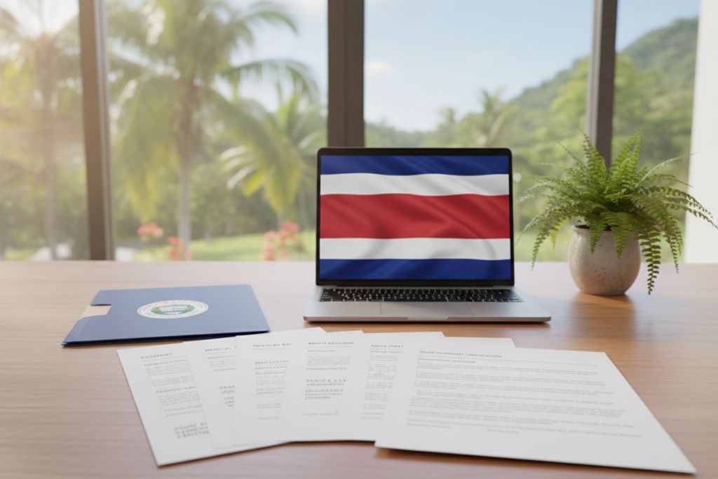 A detailed scene representing key document requirements for residency in Costa Rica, featuring a workspace with important paperwork laid out on a polished wooden table. In the foreground, a stack of documents labeled with headings, such as "Passport," "Medical Records," and "Proof of Income," each slightly fanned out for clarity. In the middle, a laptop displaying a Costa Rican flag wallpaper, along with a potted plant adding a touch of life. The background showcases a bright window with natural light streaming in, highlighting the vibrant green landscape outside. The atmosphere is calm and organized, evoking a sense of professionalism and clarity. The image should be captured in a bright, airy setting, with soft shadows and a warm tone, conveying a welcoming environment for adult disabled dependents navigating the residency process.