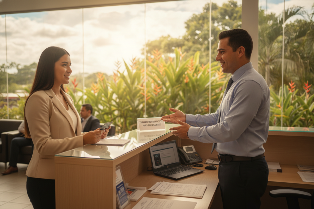 A detailed scene set in a Costa Rican government office, depicting a professional male and female in business attire interacting at a reception desk. The foreground features a friendly government official, while the middle showcases a modern information desk with official documents and a laptop, emphasizing the processes involved. In the background, colorful tropical plants can be seen through large windows, blending natural beauty with bureaucratic efficiency. Soft natural light filters through, creating a warm, welcoming atmosphere. The composition should convey a sense of clarity and professionalism, symbolizing the navigation of governmental processes and payment options for passport renewal. The focus is on collaboration and efficiency, set against a vivid Costa Rican backdrop.