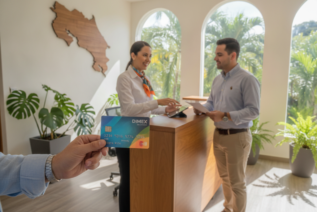 A detailed scene showcasing the payment and fees associated with the DIMEX card in Costa Rica. In the foreground, a close-up of a DIMEX card held by a person in smart casual attire, showing the card's details and vibrant colors. In the middle, a friendly employee at a service desk assists a customer, both appearing engaged in conversation. The background features a warm, inviting atmosphere of a Costa Rican bank or financial office, with tropical plants and natural light filtering through large windows. The lighting is bright yet soft, creating an approachable mood. Capture the essence of professionalism and customer service in a picturesque Costa Rican setting, ensuring a clean and unobtrusive visual with no text or overlays.