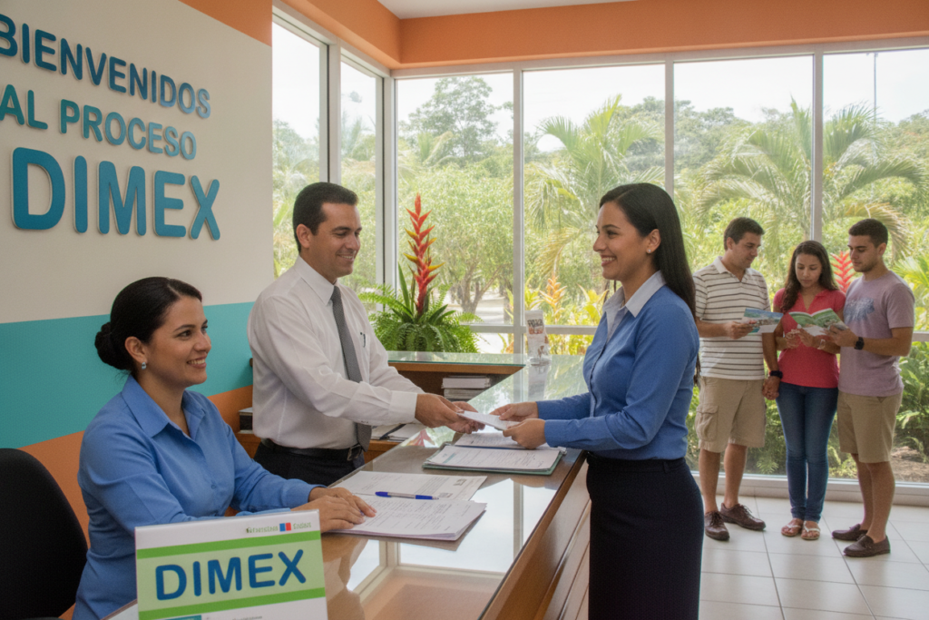 A detailed step-by-step DIMEX card application process set in a bright, welcoming Costa Rican office. In the foreground, a professional woman in business attire is interacting with an official at a reception desk, both smiling. The desk is cluttered with forms and a DIMEX card displayed prominently. In the middle ground, a diverse group of applicants, including a middle-aged man in casual clothing and a young couple, are waiting in line, looking at informational brochures. The background features large windows that flood the room with natural light, showing lush tropical plants outside, typical of Costa Rica. Capture a warm, inviting atmosphere with vibrant colors and clear details, focusing on professionalism and friendliness in the application experience.