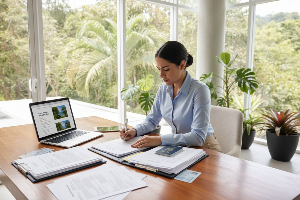 A detailed step-by-step guide for a residency application in Costa Rica, illustrated in a photorealistic style. In the foreground, a well-organized desk is filled with essential documents such as application forms, identification, and legal documents, alongside a laptop displaying a Costa Rica-themed website. In the middle ground, a professional individual dressed in smart casual attire is reviewing the documents with a look of concentration, embodying determination and clarity. The background features a bright, modern Costa Rican office environment with large windows allowing natural light to flood the space, highlighting lush tropical plants outside. The atmosphere conveys a sense of professionalism and hope for a new chapter in life. The image captures the intricacies of the residency process without any text, logos, or watermarks.