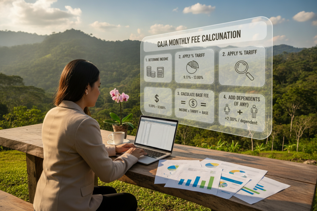 A detailed, step-by-step guide for calculating the Caja monthly fee, visually represented in a serene outdoor setting in Costa Rica. In the foreground, a professional-looking individual seated at a rustic wooden table, using a laptop and surrounded by colorful documents. The middle layer has an illustrated infographic displaying the steps to calculate the fee, with clear sections that include visuals of numbers and icons (like a calculator and a chart). The background features lush green hills and a vibrant blue sky, capturing the essence of Costa Rica’s natural beauty. The lighting is soft and natural, suggesting a warm afternoon atmosphere, with the focus on clarity and organization in the presentation of the information. The overall mood is informative and inviting, promoting an accessible understanding of the topic.