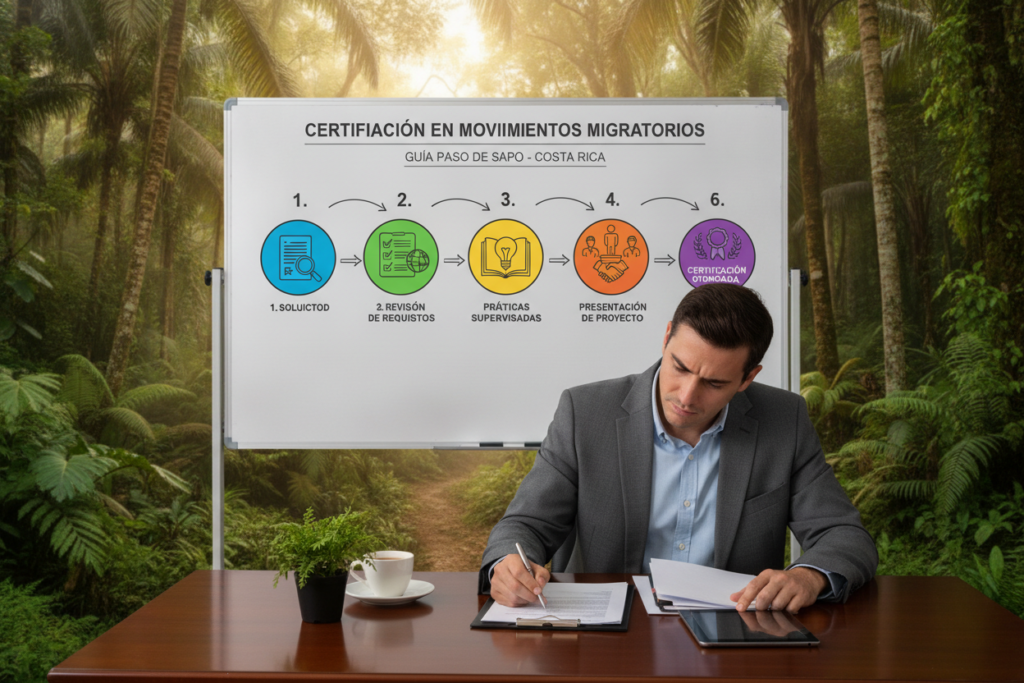 A detailed step-by-step guide layout depicting the process of obtaining a certification in Movimientos Migratorios, set against a serene Costa Rican backdrop. In the foreground, a professional individual dressed in business attire is reviewing documents at a desk. The middle ground features illustrated steps on a large whiteboard, visually detailing the certification process with arrows and icons, all in vibrant colors. The background showcases lush greenery typical of Costa Rica, with soft, natural lighting filtering through the leaves, creating a warm and hopeful atmosphere. The scene should have a clear depth of field, with the focus on the individual and the whiteboard, emphasizing clarity and professionalism.