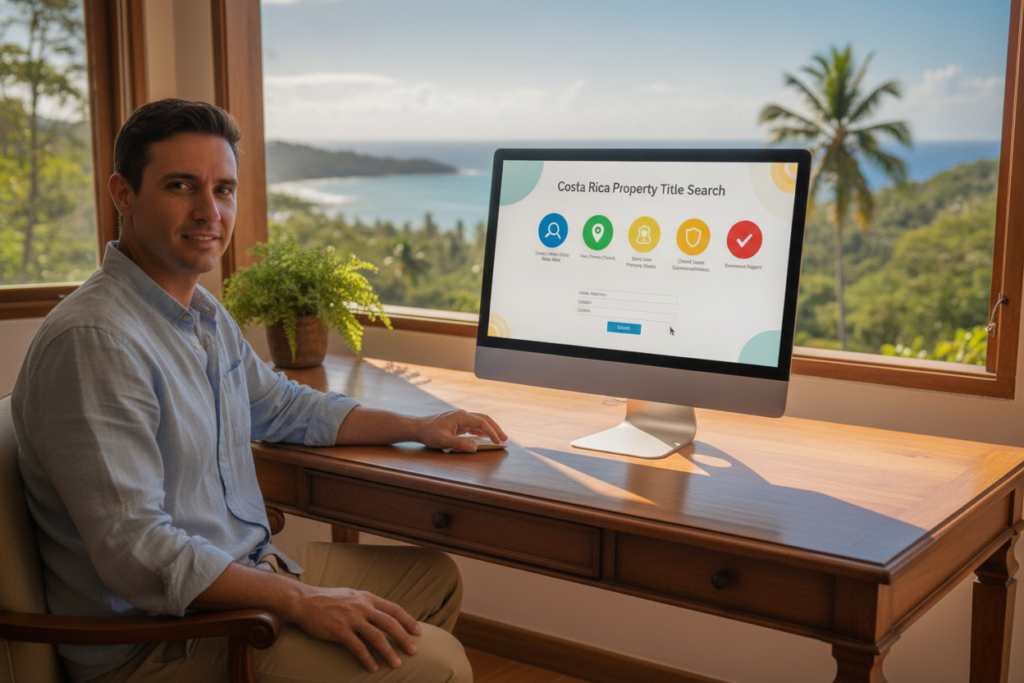 A detailed, step-by-step visual guide illustrating online property title searches in Costa Rica. In the foreground, a computer screen displays a simplified, user-friendly interface for conducting property title searches, with colorful icons representing different steps. A casual, relatable person, dressed in comfortable yet professional attire, sits at a wooden desk, actively engaged in the search process. In the middle ground, soft, natural light filters through a window, casting gentle shadows and adding warmth to the scene. The background features an inviting Costa Rican landscape, showcasing lush greenery and a glimpse of the ocean, evoking a sense of tranquility. The overall mood is informative and approachable, encouraging expats to explore property title searches with confidence.