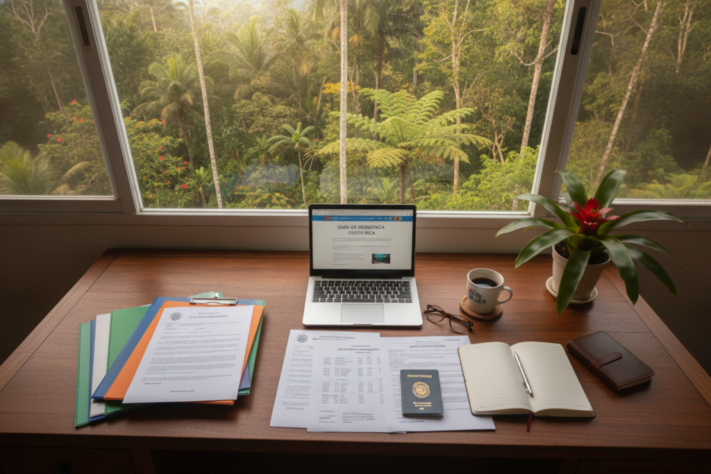 A detailed top-down view of a wooden desk in a sunlit room in Costa Rica, filled with essential documents for residency. In the foreground, an organized stack of colorful paperwork, including a passport, proof of income, and application forms, neatly arranged next to a potted tropical plant. The middle ground features a laptop opened to a residency guide, with a pair of reading glasses and a cup of coffee, creating a cozy office atmosphere. The background shows a large window with lush green foliage outside, typical of Costa Rica’s vibrant landscape, diffusing warm natural light throughout the scene. The overall mood is inviting and professional, reflecting the process of preparing for residency.