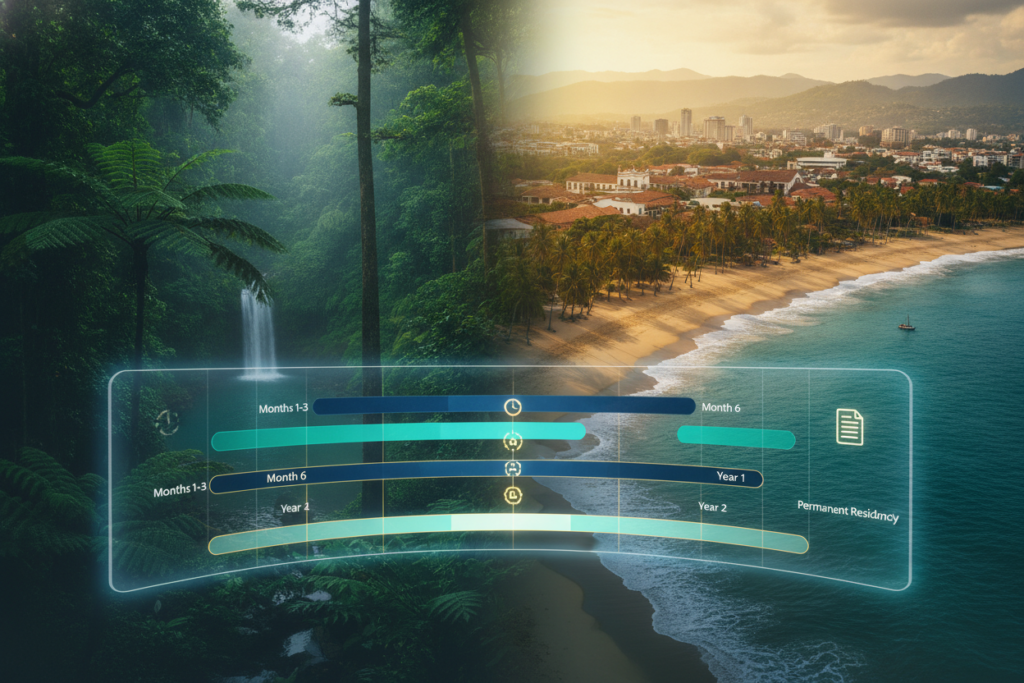 A detailed visual representation of a timeline for Costa Rica residency, illustrating various stages and deadlines. In the foreground, include a sleek, modern graphic display of a timeline marked with specific months and years, symbolizing an organized process. The middle ground should feature iconic Costa Rican landscapes, such as lush rainforests and scenic beaches, providing context and ambiance. In the background, create a soft-focus image of a tranquil Costa Rican city skyline, bathed in warm natural light, suggesting a peaceful atmosphere. Emphasize clarity and readability of the timeline while ensuring the vibrant colors reflect the beauty of Costa Rica. The overall mood should be informative yet inviting, capturing the essence of the residency journey without any people or text overlays. A detailed visual representation of a timeline for Costa Rica residency, illustrating various stages and deadlines. In the foreground, include a sleek, modern graphic display of a timeline marked with specific months and years, symbolizing an organized process. The middle ground should feature iconic Costa Rican landscapes, such as lush rainforests and scenic beaches, providing context and ambiance. In the background, create a soft-focus image of a tranquil Costa Rican city skyline, bathed in warm natural light, suggesting a peaceful atmosphere. Emphasize clarity and readability of the timeline while ensuring the vibrant colors reflect the beauty of Costa Rica. The overall mood should be informative yet inviting, capturing the essence of the residency journey without any people or text overlays.