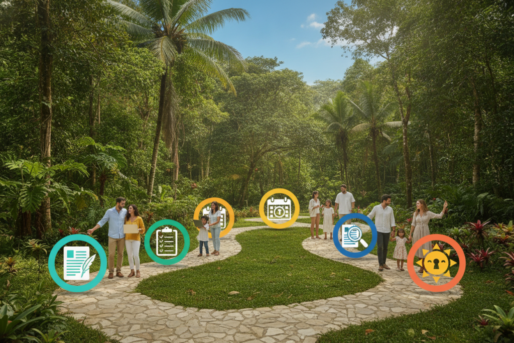 A detailed visual timeline representing the Costa Rica residency application process, set against a backdrop of lush, tropical landscapes, showcasing vibrant green foliage and clear blue skies. In the foreground, various stages of the timeline are illustrated with icons symbolizing each step, such as an application form, a checklist, and a calendar. The middle layer features casually dressed individuals interacting with these icons, conveying a sense of community and progress, all under soft, natural lighting. The atmosphere is serene and optimistic, emphasizing hope and clarity about the residency journey. The angle captures a diagonal view, enhancing the timeline's flow while remaining free of any text or overlays.