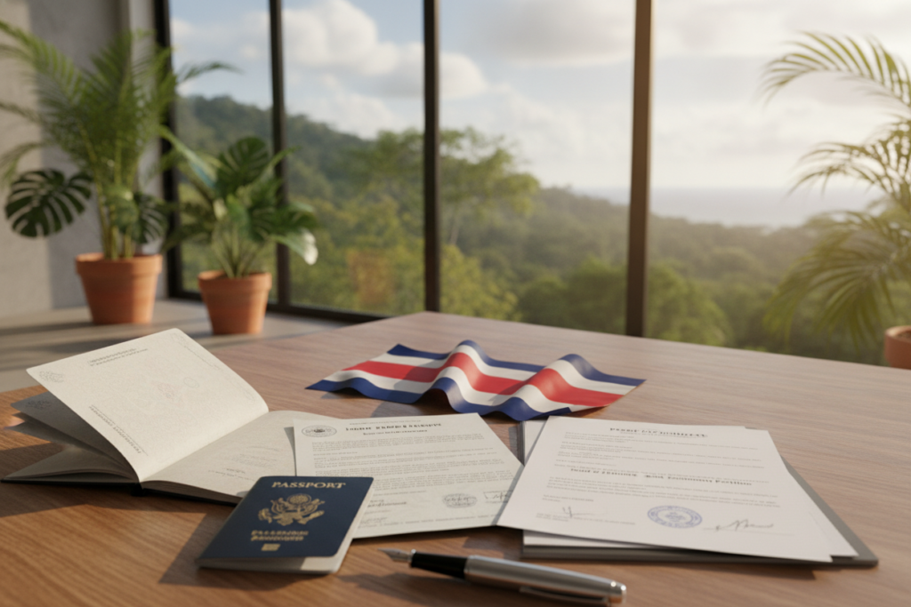 A detailed workspace showcasing the essentials for obtaining Costa Rica residency, with original documents and copies neatly organized on a wooden desk. Foreground features a close-up of a passport, birth certificate, and proof of income documents, with a sleek pen beside them. In the middle, a Costa Rican flag subtly drapes over the desk, symbolizing the focus on residency. The background displays a soft-focus view of a bright, airy office with tropical plants and a window revealing Costa Rica’s vibrant landscape, all bathed in warm natural light. The atmosphere is professional and inviting, conveying clarity and purpose, ideal for conveying important requirements. A detailed workspace showcasing the essentials for obtaining Costa Rica residency, with original documents and copies neatly organized on a wooden desk. Foreground features a close-up of a passport, birth certificate, and proof of income documents, with a sleek pen beside them. In the middle, a Costa Rican flag subtly drapes over the desk, symbolizing the focus on residency. The background displays a soft-focus view of a bright, airy office with tropical plants and a window revealing Costa Rica’s vibrant landscape, all bathed in warm natural light. The atmosphere is professional and inviting, conveying clarity and purpose, ideal for conveying important requirements.