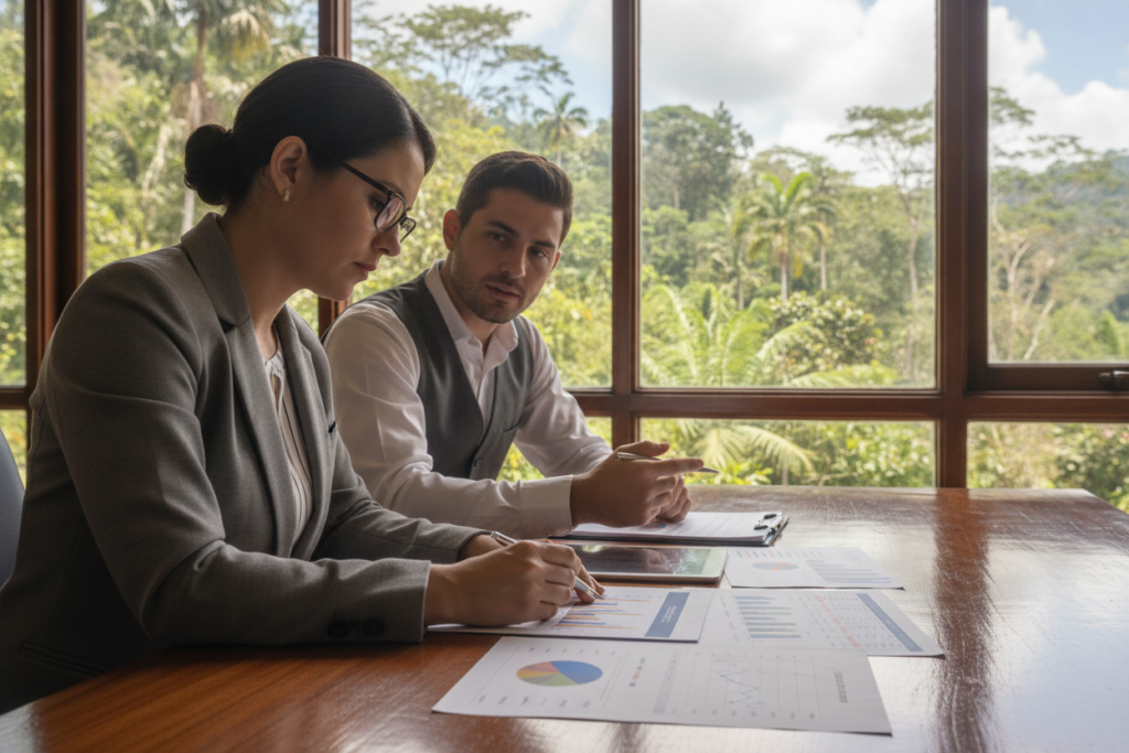 A focused and professional scene illustrating budgeting for Caja contributions in Costa Rica. In the foreground, a well-dressed businesswoman is analyzing financial documents, including charts and graphs, on a sleek wooden desk. In the middle ground, a financial planner sits at the same table, discussing strategies. Behind them, a large window offers a view of lush Costa Rican greenery, symbolizing growth and sustainability. The lighting is warm and natural, highlighting the dedication of the individuals involved. The atmosphere is focused and collaborative, emphasizing careful planning and responsibility in financial contributions. The image captures the essence of serious budgeting amidst a serene tropical backdrop.