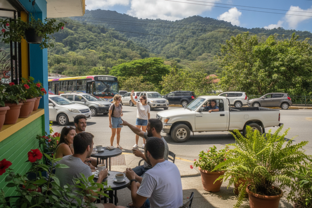 A lively Costa Rican street scene depicting local driving etiquette with two casually dressed individuals, one gesturing a friendly wave to a passing car, symbolizing the warm culture. In the foreground, a small group of pedestrians converses at a colorful roadside café, with a backdrop of vibrant local flora. In the middle, various cars navigate a busy intersection, showcasing diverse vehicles common in the area while hinting at unique local customs like yielding to pedestrians. The background features the stunning green hills of Costa Rica under bright, natural sunlight, with a clear blue sky. The atmosphere is friendly and inviting, capturing the essence of everyday life and driving nuances in this beautiful country.