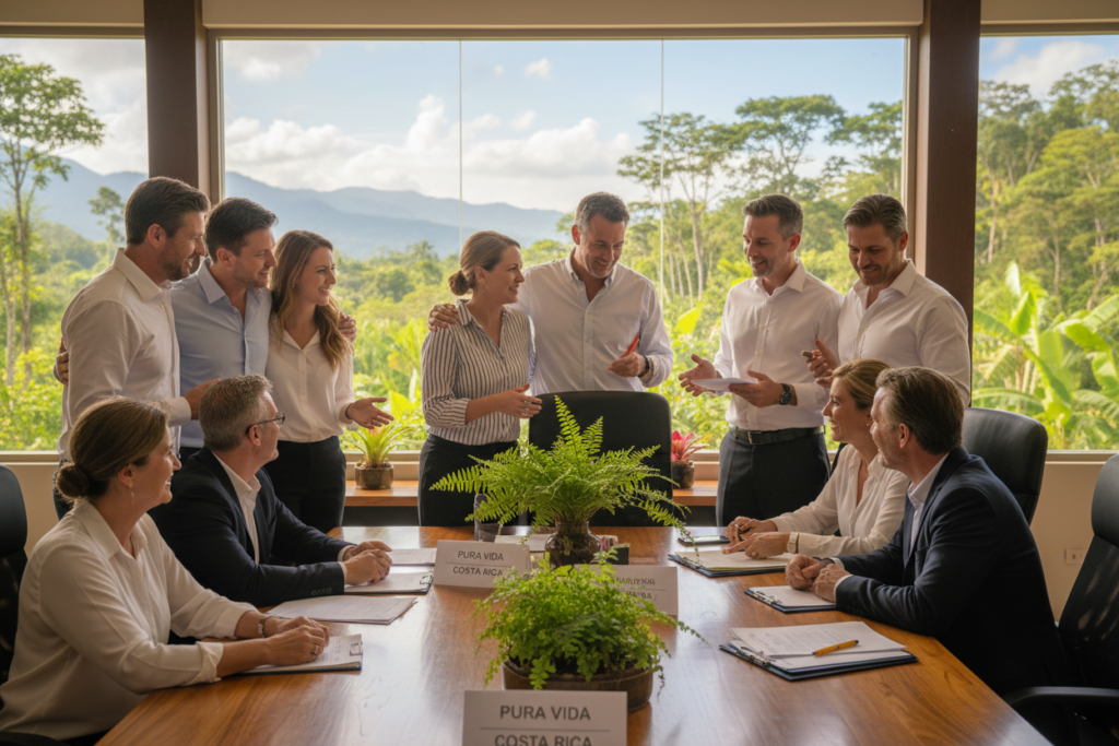A lively family reunion scene set in a bright, welcoming office in Costa Rica, showcasing the family reunification process. In the foreground, a diverse group of Caucasian individuals dressed in business casual attire are engaged in warm interactions, discussing paperwork and smiling, reflecting a sense of hope and unity. The middle ground features a large table with documents labeled "Pura Vida Costa Rica" and other family-related paperwork, surrounded by potted tropical plants. In the background, a window reveals a lush green landscape, typical of Costa Rica, bathed in soft natural sunlight, creating an inviting atmosphere. The image conveys a mood of warmth, optimism, and togetherness in the family reunification journey. A lively family reunion scene set in a bright, welcoming office in Costa Rica, showcasing the family reunification process. In the foreground, a diverse group of Caucasian individuals dressed in business casual attire are engaged in warm interactions, discussing paperwork and smiling, reflecting a sense of hope and unity. The middle ground features a large table with documents labeled "Pura Vida Costa Rica" and other family-related paperwork, surrounded by potted tropical plants. In the background, a window reveals a lush green landscape, typical of Costa Rica, bathed in soft natural sunlight, creating an inviting atmosphere. The image conveys a mood of warmth, optimism, and togetherness in the family reunification journey.