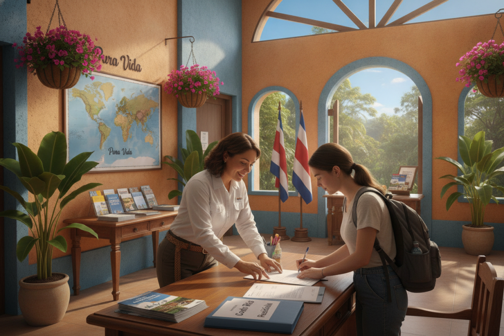 A lively scene depicting the Costa Rica Consular Services office, positioned in a charming building adorned with tropical plants and colorful local decor. In the foreground, a friendly consular officer, dressed in a modest business casual outfit, is assisting a visitor with residency paperwork. The middle ground features a welcoming reception area with Costa Rican flags, maps, and informational brochures about residency requirements. In the background, large windows showcase lush greenery and a clear blue sky, creating an inviting atmosphere. The lighting is warm and natural, enhancing the tranquility of the scene. The overall mood is professional yet approachable, capturing the essence of supportive consular services in Costa Rica. A lively scene depicting the Costa Rica Consular Services office, positioned in a charming building adorned with tropical plants and colorful local decor. In the foreground, a friendly consular officer, dressed in a modest business casual outfit, is assisting a visitor with residency paperwork. The middle ground features a welcoming reception area with Costa Rican flags, maps, and informational brochures about residency requirements. In the background, large windows showcase lush greenery and a clear blue sky, creating an inviting atmosphere. The lighting is warm and natural, enhancing the tranquility of the scene. The overall mood is professional yet approachable, capturing the essence of supportive consular services in Costa Rica.