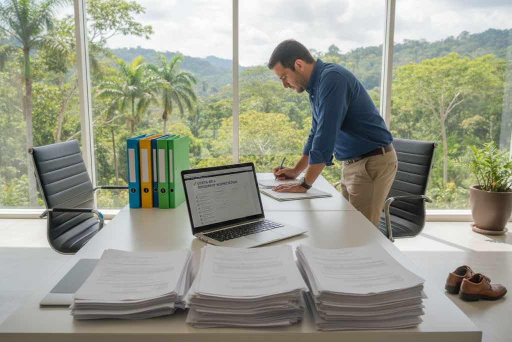 A modern office desk in a bright, airy room, meticulously organized for document preparation related to Costa Rica residency. In the foreground, a stack of neatly arranged papers, colorful folders, and an open laptop displaying a checklist for document notarization. A pair of professional business shoes can be seen peeking out from behind the desk. In the middle, a person in smart casual attire is thoughtfully reviewing a document with a pen in hand, with their face slightly turned away. The background features a large window showcasing a lush, green Costa Rican landscape, bathed in natural sunlight. The overall atmosphere is focused and productive, conveying the importance of careful documentation in a serene yet professional setting. A modern office desk in a bright, airy room, meticulously organized for document preparation related to Costa Rica residency. In the foreground, a stack of neatly arranged papers, colorful folders, and an open laptop displaying a checklist for document notarization. A pair of professional business shoes can be seen peeking out from behind the desk. In the middle, a person in smart casual attire is thoughtfully reviewing a document with a pen in hand, with their face slightly turned away. The background features a large window showcasing a lush, green Costa Rican landscape, bathed in natural sunlight. The overall atmosphere is focused and productive, conveying the importance of careful documentation in a serene yet professional setting.