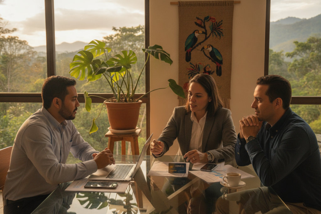 A modern office setting in Costa Rica, featuring a clear glass table with a sleek laptop, a stack of documents, and a DIMEX card prominently displayed beside a smartphone. In the foreground, a diverse group of three professionals—two men and one woman—dressed in smart casual attire, are engaged in a focused discussion as they review the card replacement process. The middle ground shows a vibrant potted plant and subtle hints of tropical décor that reflect the local culture. In the background, large windows let in warm, natural light and reveal a glimpse of Costa Rica's lush greenery outside. The atmosphere is collaborative and supportive, embodying a sense of urgency yet calmness as they facilitate a smooth replacement experience. Overall, the image should convey clarity, professionalism, and the pastoral beauty of Costa Rica.