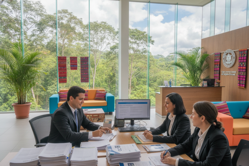 A modern office setting in Costa Rica featuring representatives of the Caja Costarricense de Seguro Social discussing residency options with expatriates. In the foreground, two well-dressed professionals—one male and one female—are engaged in conversation, surrounded by paperwork and informational materials about healthcare options. In the middle ground, a stylish reception area displays Costa Rican decor, with potted plants and bright colors reflecting the local culture. The background showcases large windows with natural light flooding the space, revealing a glimpse of the lush tropical landscape outside. The atmosphere is professional yet inviting, emphasizing the support available for residents in understanding their healthcare benefits. The scene is captured from an eye-level angle to create a sense of engagement and warmth.
