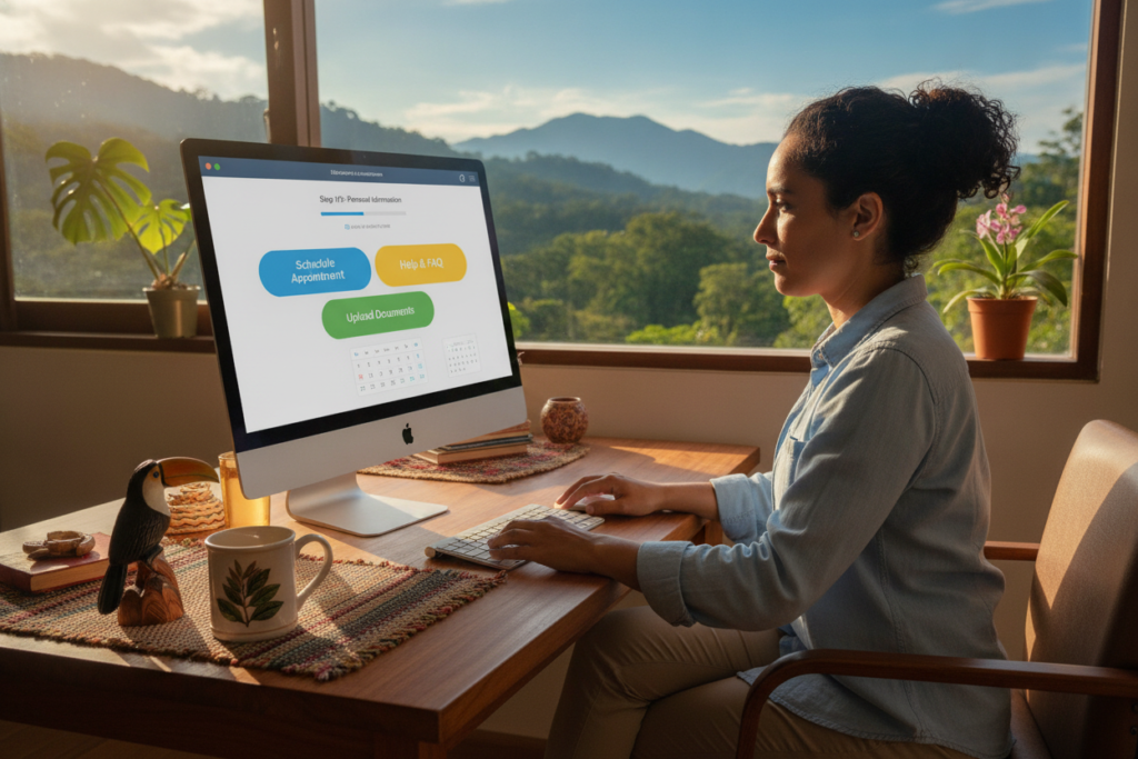 A modern, user-friendly immigration appointment portal interface displayed on a computer screen, situated on a wooden desk with Costa Rican decor. In the foreground, a close-up view of the screen shows an intuitive layout, with colorful buttons for scheduling, document uploads, and help features. The middle layer includes a casual user, dressed in modest clothing, actively engaging with the portal, reflecting focus and ease. In the background, a softly lit Costa Rican landscape can be seen through a window, showcasing lush greenery and blue skies to create a warm, inviting atmosphere. The scene is illuminated by natural light, casting gentle shadows and providing a sense of comfort and accessibility.
