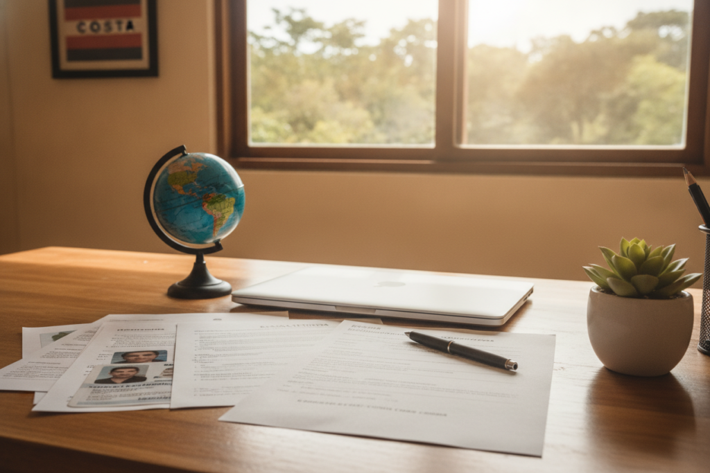 A neatly arranged desk in a cozy, sunlit room inspired by Costa Rican decor showcases essential immigration documents. In the foreground, a stack of important papers, such as application forms, identification copies, and financial statements, are strategically placed next to a pen and a small potted plant. The middle layer features a closed laptop, suggesting ongoing research, along with a globe highlighting Costa Rica. The background reveals a large window with natural light pouring in, framing a view of lush tropical greenery outside. Warm and inviting, the atmosphere conveys a sense of hope and readiness for the immigration process. The scene is captured from a slightly elevated angle, emphasizing the organized setup while maintaining a relaxed and professional vibe. A neatly arranged desk in a cozy, sunlit room inspired by Costa Rican decor showcases essential immigration documents. In the foreground, a stack of important papers, such as application forms, identification copies, and financial statements, are strategically placed next to a pen and a small potted plant. The middle layer features a closed laptop, suggesting ongoing research, along with a globe highlighting Costa Rica. The background reveals a large window with natural light pouring in, framing a view of lush tropical greenery outside. Warm and inviting, the atmosphere conveys a sense of hope and readiness for the immigration process. The scene is captured from a slightly elevated angle, emphasizing the organized setup while maintaining a relaxed and professional vibe.