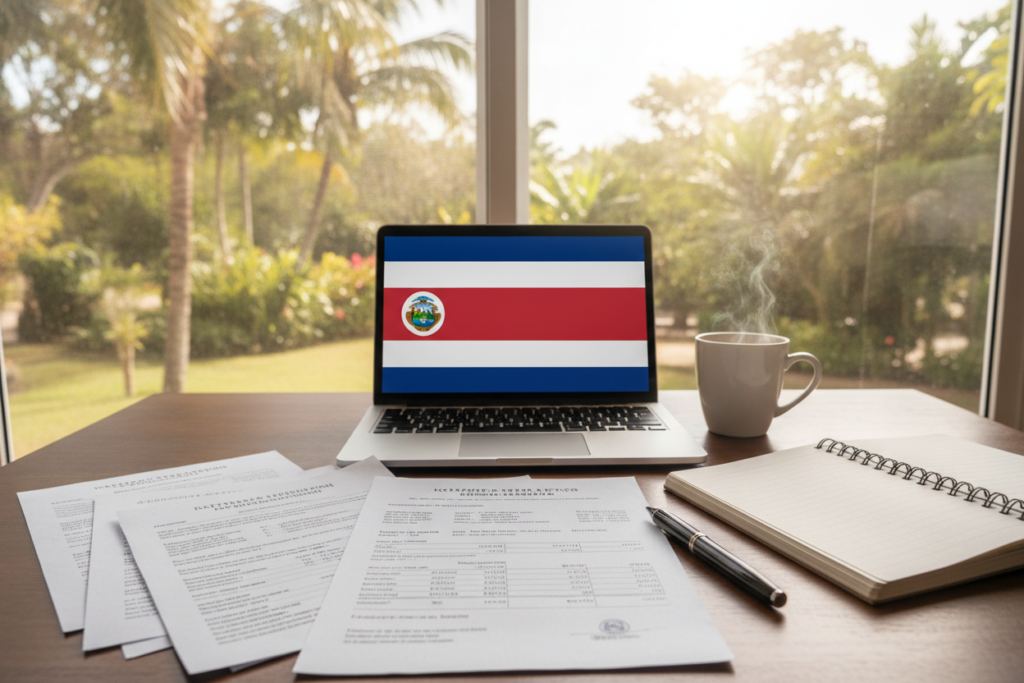 A neatly arranged desk scene featuring a collection of bank and financial documents crucial for a residency application in Costa Rica. In the foreground, focus on a stack of official bank statements, a detailed income report, and a certificate of financial stability, all stacked beside a pen and an open notebook. In the middle ground, a laptop displays a colorful Costa Rican flag wallpaper, hinting at the location's atmosphere, alongside a coffee cup emitting steam. The background showcases a sunny window with lush greenery visible outside, bathing the scene in natural light. The mood is calm and professional, suggesting organization and clarity, with an inviting workspace feel. No text or human subjects are included.