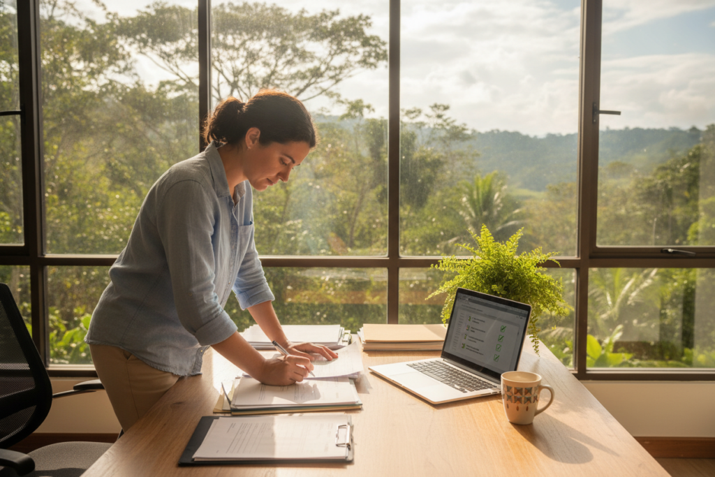 A peaceful Costa Rican office environment, featuring a desk with neatly organized application papers and a laptop displaying a checklist. In the foreground, a relaxed individual dressed in modest casual clothing is reviewing documents with a focused expression. In the middle ground, a coffee cup and a plant add a touch of warmth and nature. The background shows a large window with sunlight streaming in, capturing a glimpse of lush greenery and vibrant Costa Rican scenery outside. Soft natural light creates an inviting and calm atmosphere, symbolizing clarity and ease in the application process. The overall mood is professional yet approachable, reflecting practical tips for a smooth application journey without any distractions or clutter.