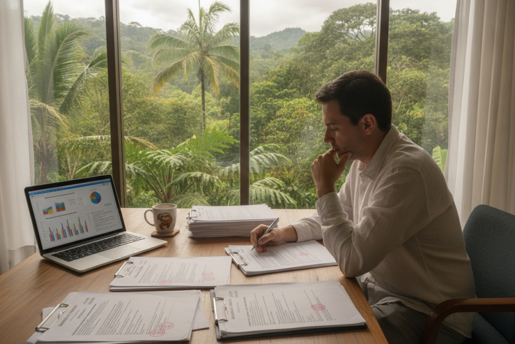 A peaceful office setting in Costa Rica, showcasing a table strewn with work permit applications and denial letters, a focused individual in casual business attire analyzing the documents with a contemplative expression. In the background, a large window reveals a lush green landscape typical of Costa Rica, with tropical plants swaying gently in the breeze and soft natural light illuminating the room. The foreground should feature a laptop displaying graphs and statistics related to work permit trends, alongside a coffee cup to convey a relaxed work environment. The atmosphere is calm and introspective, evoking a sense of inquiry into the complex reasons behind work permit denials.