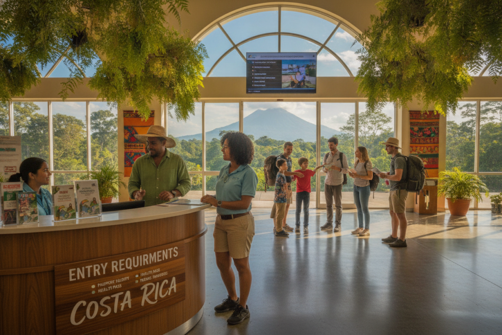 A photorealistic composition illustrating the entry requirements for Costa Rica, featuring a welcoming scene at a tropical airport. In the foreground, a well-organized information desk with brochures about entry requirements, staffed by friendly personnel in casual attire. The middle ground shows diverse travelers, including a family with children, a couple, and a solo backpacker, all engaged in conversation while waiting in a spacious terminal filled with plants and vibrant décor typical of Costa Rica's flora. The background showcases large windows revealing lush landscapes and clear blue skies, with soft natural light filtering through, creating a warm and inviting atmosphere. The lens perspective captures the bustling yet relaxed vibe of the airport, emphasizing inclusivity and ease of access for international visitors.