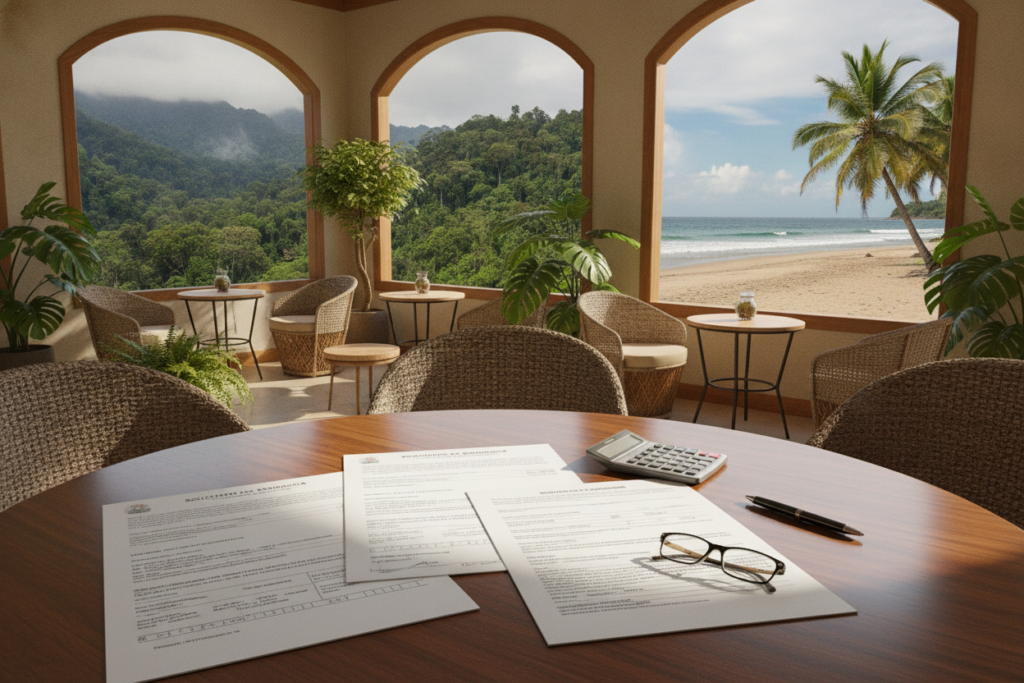A photorealistic depiction of Costa Rica, showcasing its vibrant culture and natural beauty as it relates to residency fees and financial requirements. In the foreground, a neatly organized stack of documents, including forms and financial statements, is laid out on a wooden table. The middle ground features a softly lit café setting, with focused sunlight filtering through large windows, illuminating potted tropical plants. In the background, iconic Costa Rican landscapes, such as lush rainforests or serene beaches, create an inviting atmosphere. The overall mood is professional yet relaxed, conveying a sense of clarity and organization. The scene should avoid any human subjects, maintaining a clean, document-centered focus that highlights the importance of understanding the financial aspects of residency in Costa Rica.