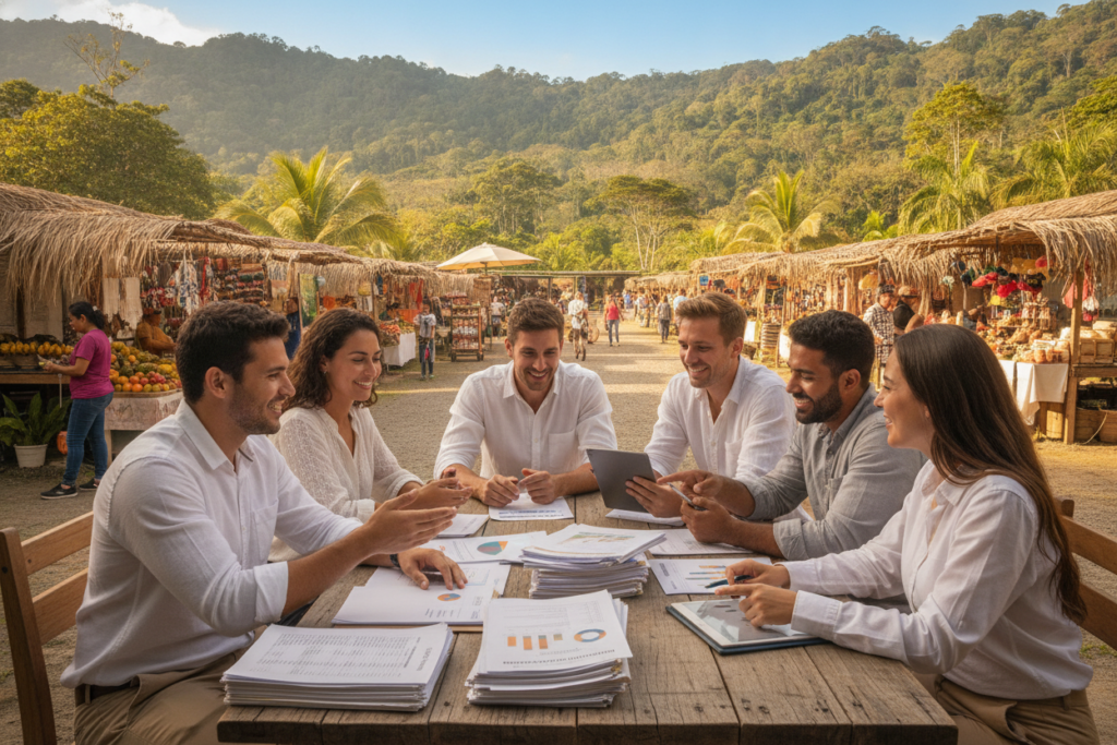 A photorealistic depiction of Costa Rica's tax system and financial considerations in an outdoor setting. In the foreground, include a casual group of diverse individuals engaging in a friendly discussion while reviewing financial documents, dressed in smart-casual attire. In the middle ground, showcase a vibrant marketplace with local vendors and greenery, highlighting Costa Rican culture. In the background, depict the lush landscapes of Costa Rica, with rolling hills and tropical trees under a bright, sunny sky. The lighting should be natural and warm, creating an inviting atmosphere. Capture a slightly elevated angle to provide depth and context to the scene, evoking a sense of community and investment opportunities in a serene environment.