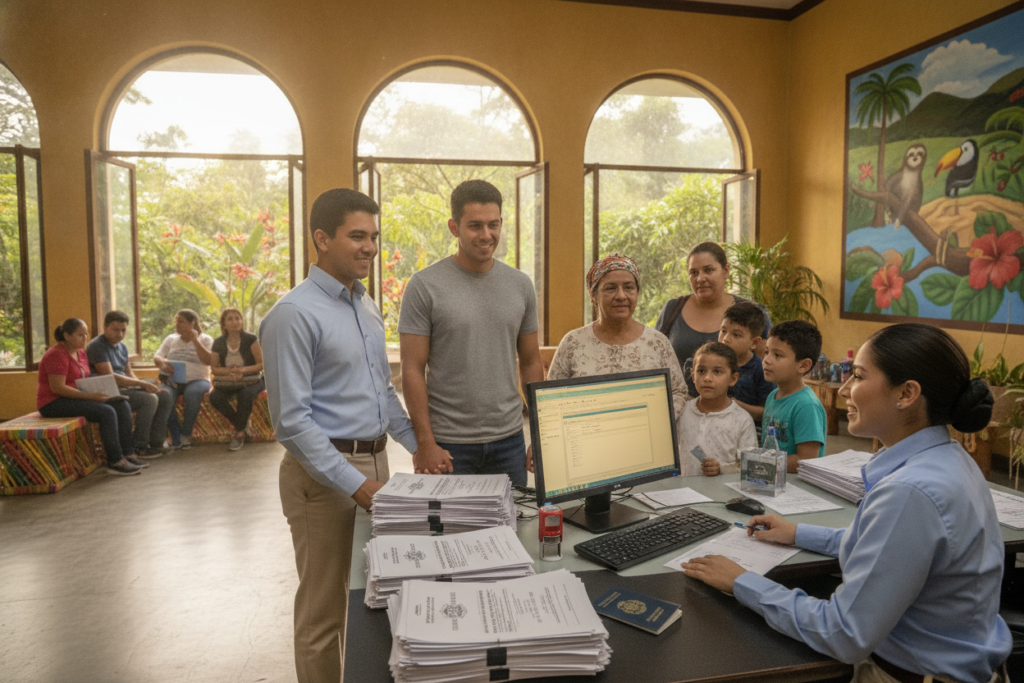 A photorealistic depiction of a Costa Rican immigration office setting during a busy appointment day. In the foreground, an immigration officer in a smart casual outfit engages with a diverse group of applicants, showcasing a mix of hopeful expressions. In the middle ground, there are official documents and a computer, emphasizing the procedural nature of immigration. The background features tropical plants visible through large windows, with soft natural light spilling in, creating a warm and welcoming atmosphere. The overall mood reflects a blend of professionalism and the vibrancy of Costa Rican culture, highlighting the accessibility of immigration services.