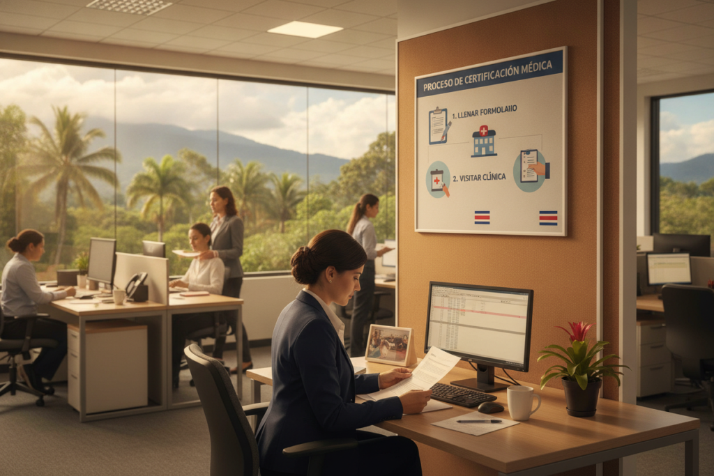 A photorealistic depiction of a busy office environment in Costa Rica, showcasing a step-by-step process for submitting a medical certificate. In the foreground, a professional woman wearing business attire is reviewing documents on her desk, surrounded by office supplies and a computer. The middle ground shows a clear view of an information board with numbered steps for submission, featuring images of forms, a clinic, and a checklist. The background features a large window, allowing natural light to flood in, with lush tropical vegetation visible outside, capturing the essence of Costa Rica. The overall atmosphere is organized and professional, with warm lighting to create a welcoming tone.