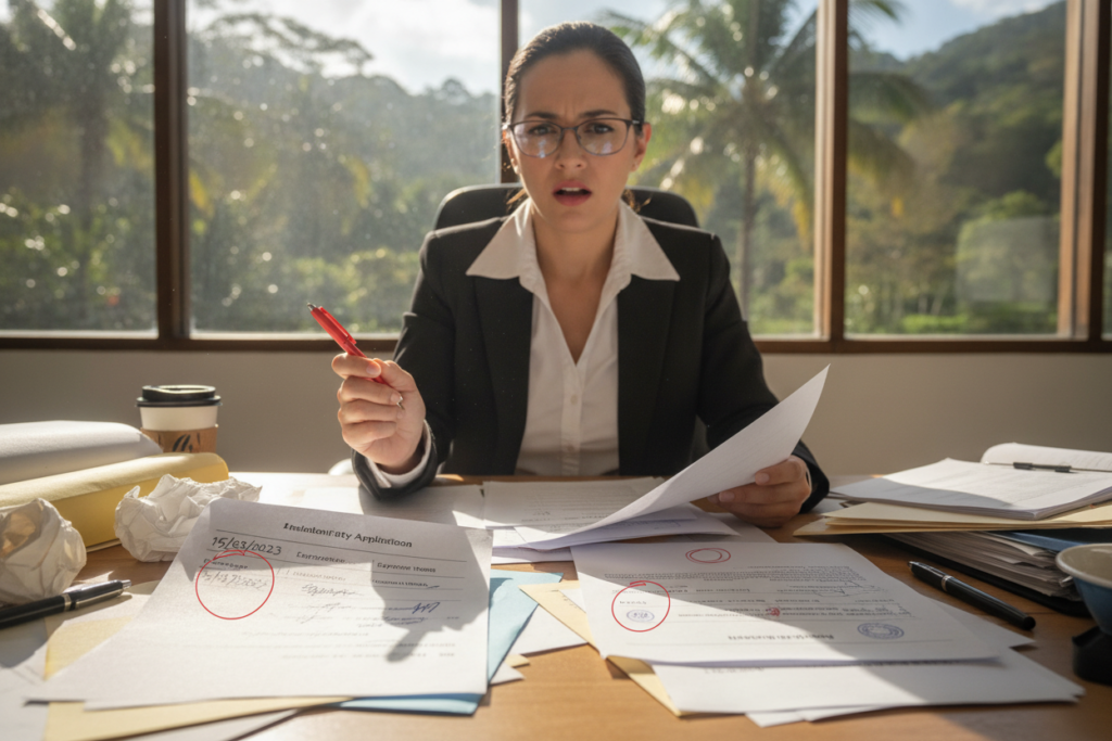 A photorealistic depiction of a cluttered office desk in Costa Rica, highlighting common document mistakes in residency applications. The foreground features a close-up of erroneous documents, such as mismatched dates, incorrect signatures, and missing stamps, arranged haphazardly. In the middle, a concerned professional dressed in business attire reviews the paperwork, holding a pen and looking perplexed. The background captures a window with a view of Costa Rica’s lush greenery and bright sunlight streaming in, casting soft shadows across the desk. The atmosphere is a mixture of urgency and professionalism, conveying the importance of accuracy in residency applications. The scene is bathed in natural light, emphasizing the vibrant colors of the documents and the surrounding environment.
