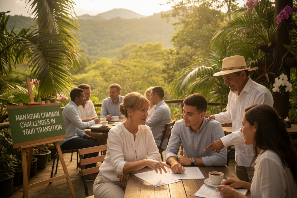 A photorealistic depiction of a diverse group of professionals and expats collaborating at an outdoor café in Costa Rica, illustrating the theme of "Managing Common Challenges in Your Transition." In the foreground, a middle-aged woman in business casual attire gestures while discussing documents with a young man wearing a smart shirt. In the middle ground, a local man dressed in traditional attire offers support, showcasing cultural integration. Lush greenery and tropical plants surround the café, providing a vibrant background that highlights Costa Rica's natural beauty. Soft, warm natural light filters through the leaves, creating a welcoming and optimistic atmosphere, emphasizing cooperation and problem-solving. The scene captures a moment of connection and positivity, ideal for inspiring those navigating residency challenges.