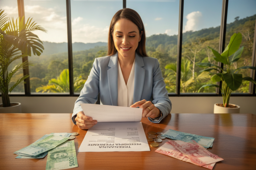 A photorealistic depiction of a professional showing a document labeled "Permanent Residency Fees" in Costa Rica, sitting at a modern desk surrounded by tropical plants. The foreground features a close-up of the document with a polished wooden surface and some colorful Costa Rican currency scattered around. In the middle ground, a smiling individual dressed in smart business attire reviews the document, their expression contemplative and engaged. The background reveals a sunny Costa Rican landscape through a large window, with lush greenery and distant hills, illuminated by natural light. The atmosphere is warm and inviting, conveying a sense of hope and opportunity for newcomers to Costa Rica.