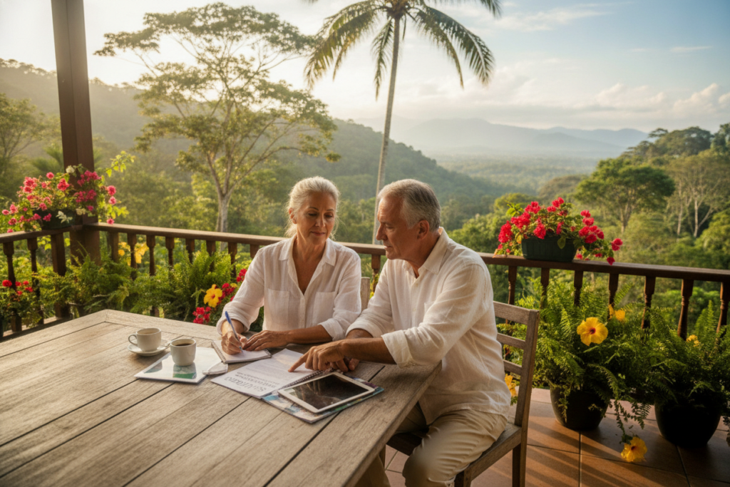 A photorealistic depiction of a retired couple discussing healthcare options in a serene Costa Rican setting. In the foreground, a middle-aged couple in professional casual attire sits at a wooden table on a terrace, surrounded by lush tropical plants and vibrant flowers. The woman takes notes while the man points at an informational brochure, emphasizing thoughtful conversation about health insurance. In the middle ground, soft sunlight filters through palm trees, casting gentle shadows and highlighting the couple's expressions of concern and optimism. In the background, a tranquil view of rolling green hills and distant valleys reflects Costa Rica’s natural beauty, creating an atmosphere of warmth, hope, and planning for a secure future. Natural lighting enhances the scene, conveying a peaceful and contemplative mood. A photorealistic depiction of a retired couple discussing healthcare options in a serene Costa Rican setting. In the foreground, a middle-aged couple in professional casual attire sits at a wooden table on a terrace, surrounded by lush tropical plants and vibrant flowers. The woman takes notes while the man points at an informational brochure, emphasizing thoughtful conversation about health insurance. In the middle ground, soft sunlight filters through palm trees, casting gentle shadows and highlighting the couple's expressions of concern and optimism. In the background, a tranquil view of rolling green hills and distant valleys reflects Costa Rica’s natural beauty, creating an atmosphere of warmth, hope, and planning for a secure future. Natural lighting enhances the scene, conveying a peaceful and contemplative mood.