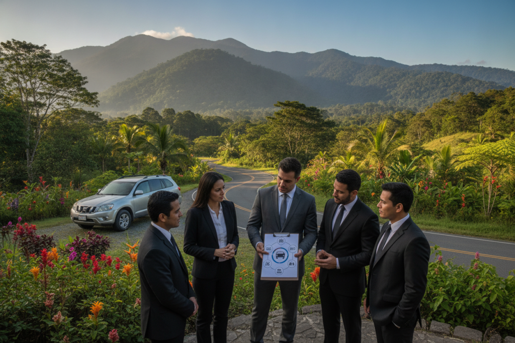 A photorealistic depiction of a serene Costa Rican landscape, highlighting the steps for bringing a vehicle into the country. In the foreground, a diverse group of professionals in neat business attire is gathered around a detailed infographic on a clipboard, discussing vehicle importation procedures. The middle ground features a scenic view of a typical Costa Rican road, flanked by lush greenery and tropical plants, with a car parked beside them. In the background, the majestic mountains rise under a clear blue sky. The lighting is soft and natural, reflecting a warm morning atmosphere. The angle captures both the engaged group and the inviting landscape, creating an informative yet visually appealing scene, without any text or logos.