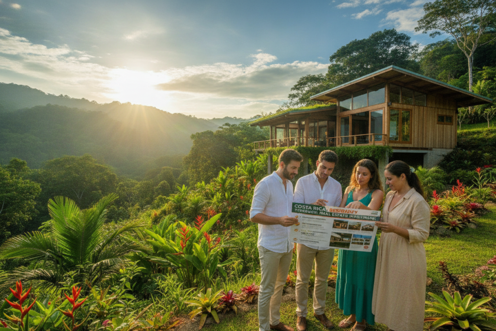 A photorealistic depiction of a serene Costa Rican landscape showcasing a step-by-step guide to the investor residency process through real estate. In the foreground, a casual group of three diverse individuals, dressed in smart casual attire, is gathered around a clear, colorful brochure illustrating real estate properties and residency steps. The middle ground features vibrant tropical plants and a modern, eco-friendly home, symbolizing investment opportunities. In the background, a stunning view of lush green hills and a bright blue sky reflects the beauty of Costa Rica. Natural light bathes the scene, creating a warm and inviting atmosphere, with a slightly overexposed sunrise adding a hopeful mood. The angle captures the individuals interacting with enthusiasm and curiosity. A photorealistic depiction of a serene Costa Rican landscape showcasing a step-by-step guide to the investor residency process through real estate. In the foreground, a casual group of three diverse individuals, dressed in smart casual attire, is gathered around a clear, colorful brochure illustrating real estate properties and residency steps. The middle ground features vibrant tropical plants and a modern, eco-friendly home, symbolizing investment opportunities. In the background, a stunning view of lush green hills and a bright blue sky reflects the beauty of Costa Rica. Natural light bathes the scene, creating a warm and inviting atmosphere, with a slightly overexposed sunrise adding a hopeful mood. The angle captures the individuals interacting with enthusiasm and curiosity.