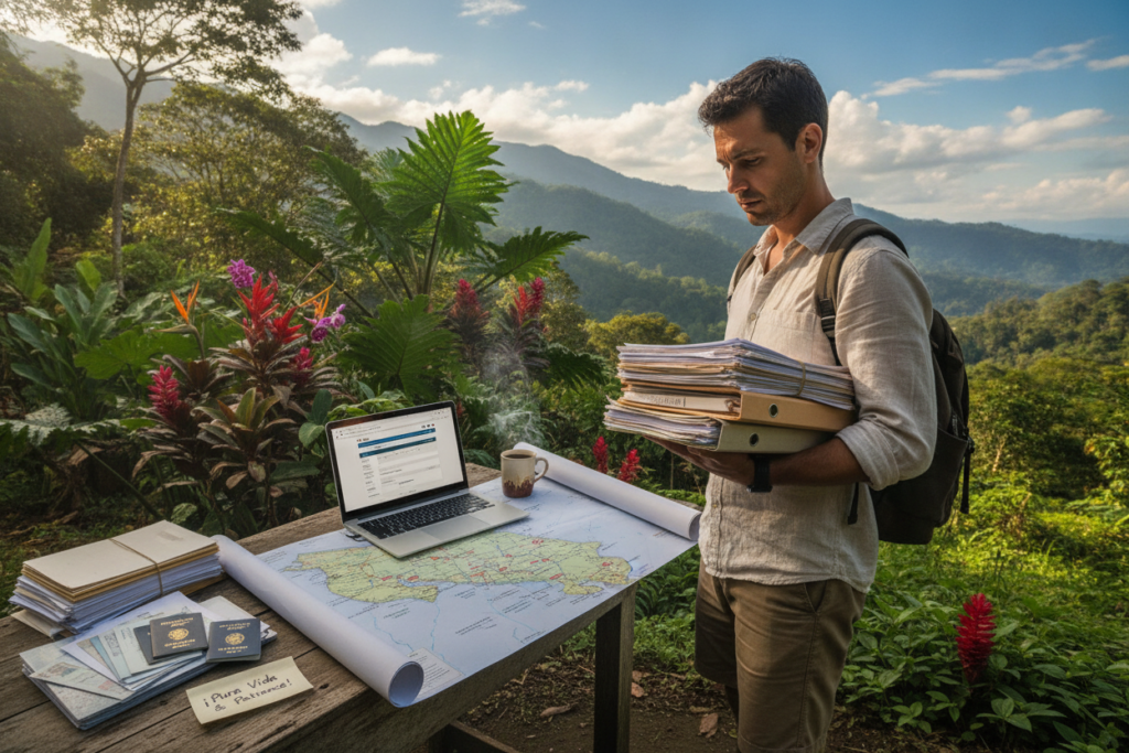 A photorealistic depiction of a serene Costa Rican landscape showcasing the challenges of residency applications. In the foreground, a casually dressed person, carrying a stack of papers, looks thoughtfully at a map while standing in front of a tropical backdrop with lush greenery and colorful flowers. In the middle ground, a desk with a laptop open, various application documents spread out, and a freshly brewed cup of coffee, symbolizing the preparation process. The background features distant mountains under a bright blue sky with soft, natural lighting casting gentle shadows, creating a tranquil yet focused atmosphere. The scene captures the essence of navigating the complexities of residency applications in a vibrant Costa Rican setting.