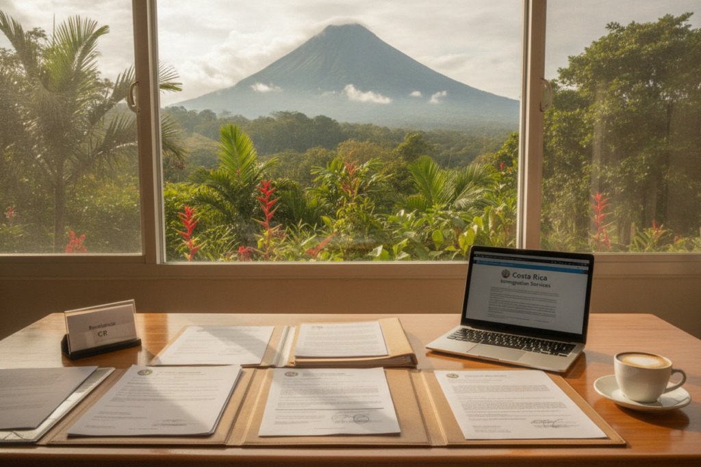 A photorealistic depiction of a serene Costa Rican scene, focusing on a professional workspace set against a backdrop of lush greenery and tropical plants. In the foreground, a polished wooden desk is arranged with meticulously organized documents and official papers relevant to residency requirements. A laptop and a cup of coffee sit beside the documents, reflecting a sense of diligent preparation. The middle ground features a bright window allowing natural light to flood the space, enhancing the vibrant colors of the tropical environment outside. In the background, a glimpse of Costa Rica’s stunning landscape, such as hills or a distant volcano, adds depth. The overall atmosphere should feel calm and inviting, promoting focus and professionalism in navigating the document requirements for residency. A photorealistic depiction of a serene Costa Rican scene, focusing on a professional workspace set against a backdrop of lush greenery and tropical plants. In the foreground, a polished wooden desk is arranged with meticulously organized documents and official papers relevant to residency requirements. A laptop and a cup of coffee sit beside the documents, reflecting a sense of diligent preparation. The middle ground features a bright window allowing natural light to flood the space, enhancing the vibrant colors of the tropical environment outside. In the background, a glimpse of Costa Rica’s stunning landscape, such as hills or a distant volcano, adds depth. The overall atmosphere should feel calm and inviting, promoting focus and professionalism in navigating the document requirements for residency.