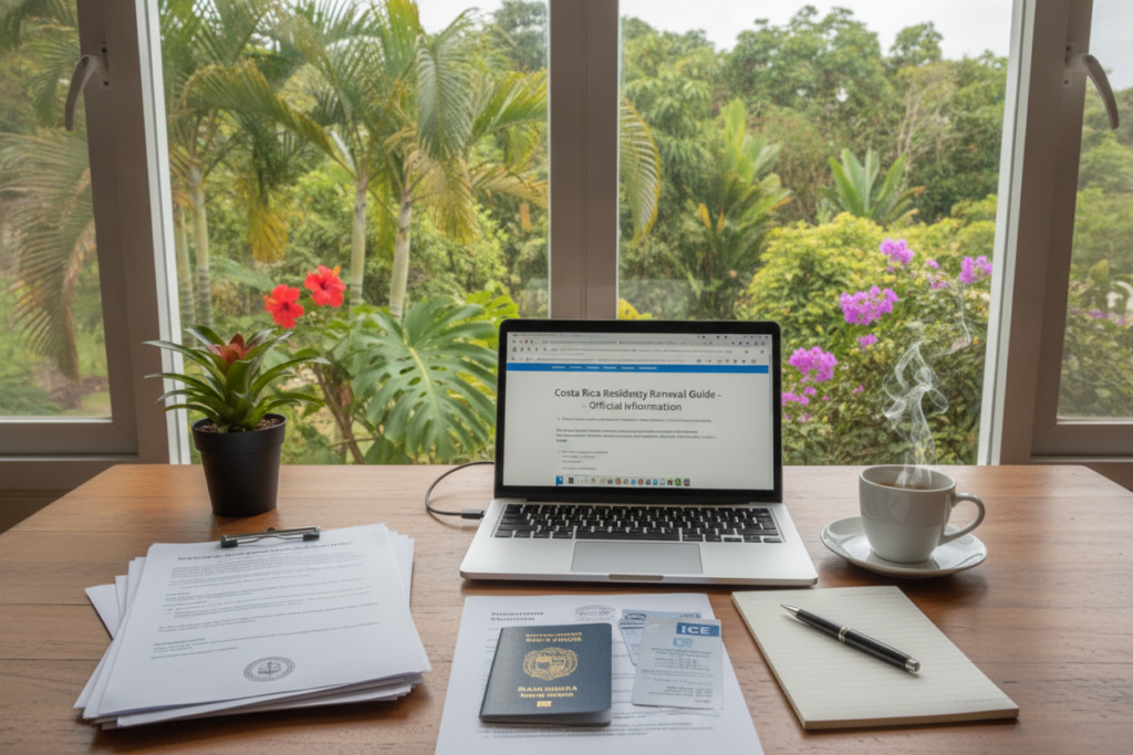 A photorealistic depiction of a workspace showcasing key documents for Costa Rica residency renewal. In the foreground, neatly organized paperwork including applications, a passport, a utility bill, and a bank statement are laid out on a wooden desk. A pen and a small potted plant add a touch of greenery. In the middle ground, a laptop is open, displaying a webpage about residency renewal, while a cup of coffee steams beside it. The background features a large window with natural light streaming in, revealing a tropical garden outside, filled with vibrant greenery and colorful flowers. The atmosphere is calm and focused, embodying a sense of preparation and professionalism. The image captures a moment of organization and clarity, suitable for the theme of residency renewal in Costa Rica.
