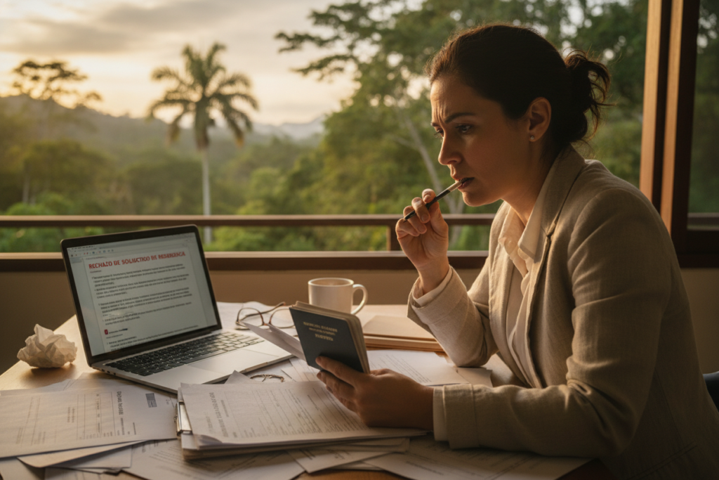 A photorealistic depiction of common challenges in investor residency documentation in Costa Rica. Foreground: a woman in casual business attire, intently studying a stack of paperwork, with visible expressions of confusion and concern. Middle ground: a desk cluttered with documents, residency forms, and a laptop displaying an email with a rejection notice. Background: a serene Costa Rican landscape visible through a window, featuring lush greenery and a soft sunset, symbolizing hope and opportunity. Natural light filters in, creating a warm and slightly anxious atmosphere. The focus should be on the woman's engaged expression and the disorganization of the documents, capturing the essence of the challenges investors face in the residency process.