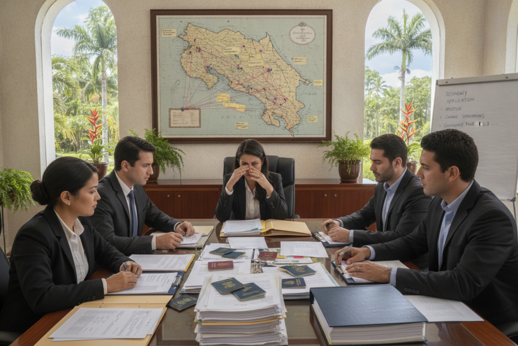 A photorealistic depiction of common challenges in obtaining Costa Rica residency, highlighting various aspects of the application process. In the foreground, a diverse group of professionals dressed in smart business attire is gathered around a table cluttered with documents, passports, and forms, appearing focused and slightly stressed. The middle ground features a large map of Costa Rica pinned to the wall, with notes and pins marking various residency requirements. The background shows a well-lit office space with tropical plants and large windows letting in natural light, creating a serene yet purposeful atmosphere. The image should convey determination and the need for organization amidst a complex process, capturing the essence of overcoming challenges in a picturesque Costa Rican setting.
