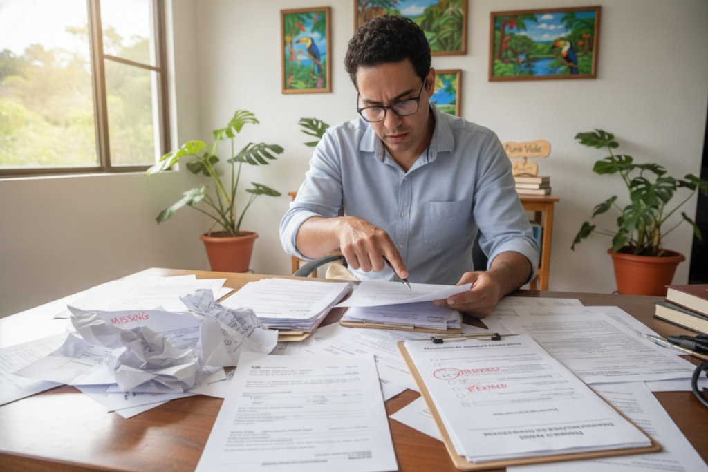 A photorealistic depiction of common document mistakes in the Costa Rica residency process. In the foreground, a wooden desk is cluttered with scattered documents, including visa applications and identification papers, some crumpled or with red circles highlighting errors. A hand holding a pen hovers over a checklist of required documents. In the middle, a casually dressed professional, looking concerned, reviews the documents with a focused expression. The background features a warm, inviting office space adorned with Costa Rican decorations, like tropical plants and colorful artwork. Soft, natural lighting filters in through a window, creating a calm, yet slightly tense atmosphere, emphasizing the importance of accuracy in documentation.