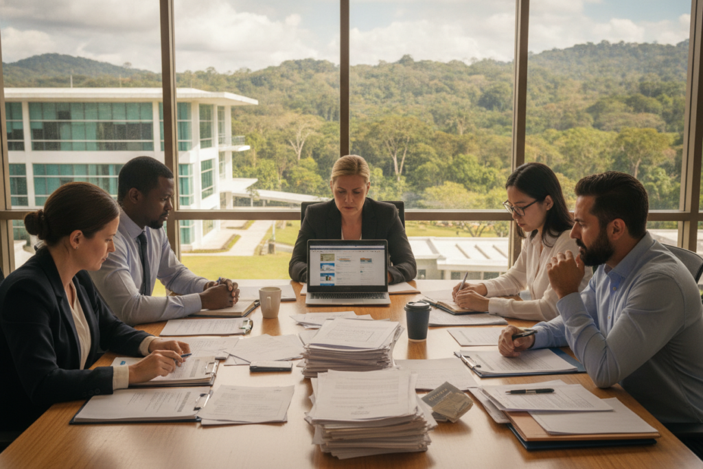 A photorealistic depiction of common documentation challenges for residency in Costa Rica. In the foreground, a diverse group of professionals in business attire is seated around a table cluttered with paperwork, forms, and a laptop, appearing focused and slightly frustrated. The middle ground features a Costa Rican government building with a modern architectural style, bathed in natural light. In the background, lush greenery typical of Costa Rica is visible, adding a sense of place. The scene should convey a mood of determination and seriousness, with soft daylight illuminating the expressions of the individuals as they navigate the complexities of residency paperwork. The camera angle is slightly above the table, capturing both the documents and the engaged faces of the participants. No text or watermarks are included.